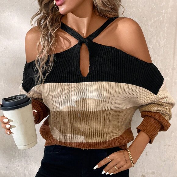 Multicolor Casual Women's Off Shoulder Striped Turtleneck Sweater - Picture 4 of 7